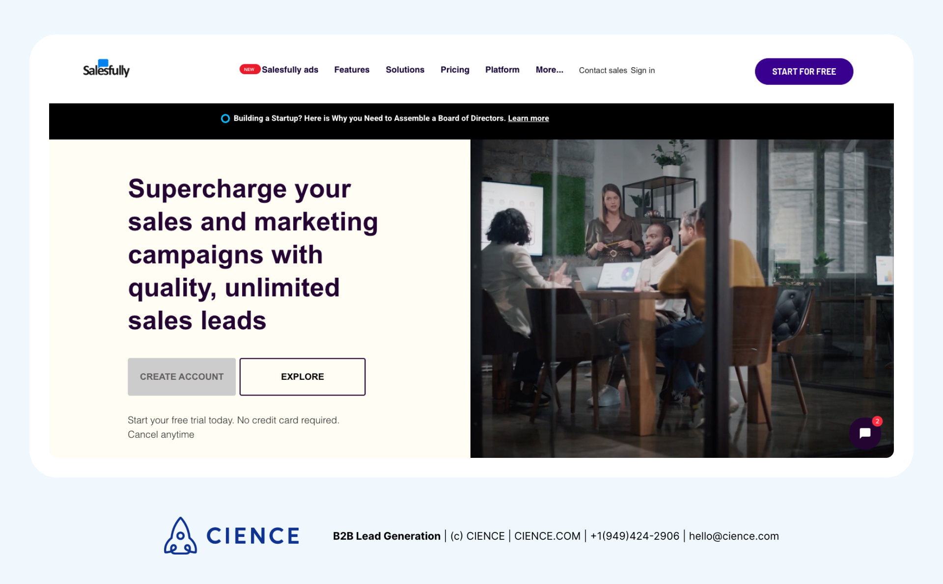 Salesfully lead generation platform showing unlimited contact database access for small business sales targeting at flat monthly pricing